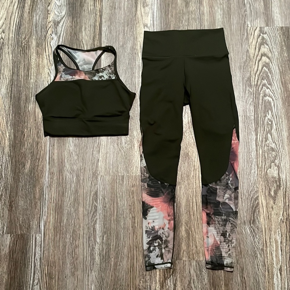 Fabletics Green Floral Workout Set, Sports Bra and Leggings